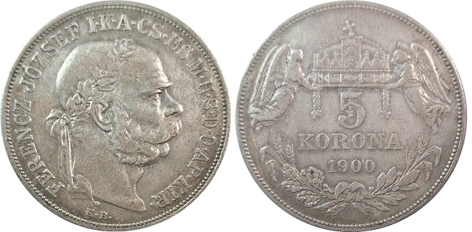 Obverse and reverse of the 1900 Hungary 5 Korona coin